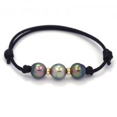 Braccialetto in Cotone e 3 Perle di Tahiti Semi-Barocche B 8.8 mm