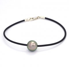 Braccialetto in Gomma, Argento e 1 Perla di Tahiti Rotonda C 10.8 mm