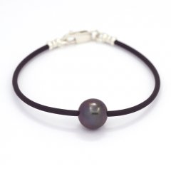 Braccialetto in Gomma, Argento e 1 Perla di Tahiti Rotonda C 9.9 mm