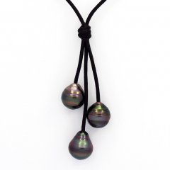 Collana in Cuoio e 3 Perle di Tahiti Cerchiate C  10.4 a 10.6 mm