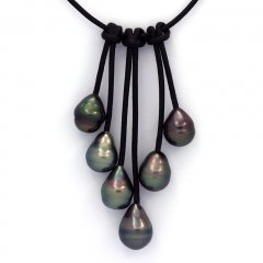 Collana in Cuoio e 6 Perle di Tahiti Cerchiate B  9 a 9.5 mm