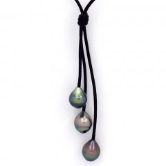Collana in Cuoio e 3 Perle di Tahiti Cerchiate B  9.5 a 9.6 mm