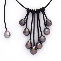 Collana in Cuoio e 9 Perle di Tahiti Cerchiate B  9 a 9.9 mm