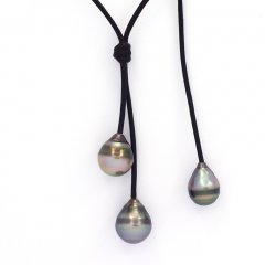 Collana in Cuoio e 3 Perle di Tahiti Cerchiate C 9 a 10.4 mm