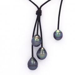 Collana in Cuoio e 4 Perle di Tahiti Cerchiate C  9.4 a 10.6 mm