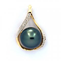 Ciondolo in Oro 14k + 6 diamanti 0.04 carati VS1 e 1 Perla de Tahiti Rotonda B 10.4 mm