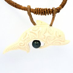 Collana in fibra di cocco intrecciata e 1 Perla di Tahiti Rotonda C 8.3 mm