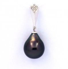 Ciondolo in Oro bianco 14K + 4 Diamanti 0.02 carati VS1 e 1 Perla de Tahiti Semi-Barocca A 9.9 mm