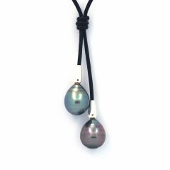 Collana in Cuoio e 2 Perle di Tahiti Cerchiate C 10.8 e 11 mm