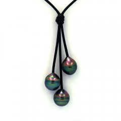 Collana in Cuoio e 3 Perle di Tahiti Cerchiate C+  9.9 a 10.3 mm