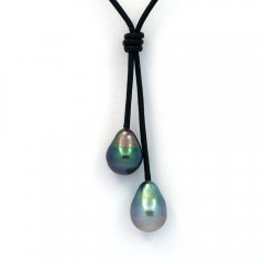 Collana in Cuoio e 2 Perle di Tahiti Barocca C+ 9.5 mm
