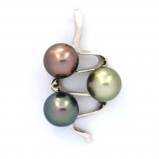 Ciondolo in Argento e 3 Perle di Tahiti Semi-Rotonda C 9.1 a 9.2 mm