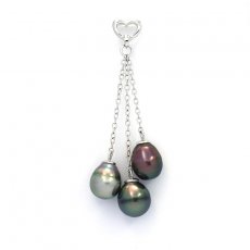 Ciondolo in Argento e 3 Perle di Tahiti Cerchiate B 8.3 a 8.9 mm