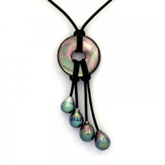 Collana in Cuoio e 4 Perle di Tahiti Cerchiate B+ 8.2 a 8.9 mm