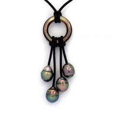 Collana in Cuoio e 4 Perle di Tahiti Cerchiate B 8.2 a 9 mm