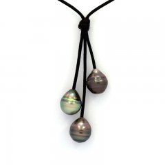 Collana in Cuoio e 3 Perle di Tahiti Cerchiate C 10.7 mm