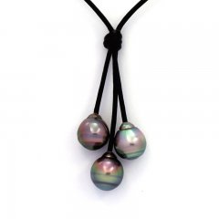 Collana in Cuoio e 3 Perle di Tahiti Cerchiate B 10 a 10.2 mm