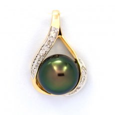 Ciondolo in Oro 14k + 6 diamanti e 1 Perla de Tahiti Rotonda C 11.7 mm