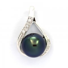 Ciondolo in Oro bianco 14k + 6 diamanti 0.04 carati VS1 e 1 Perla de Tahiti Rotonda B+ 9.3 mm