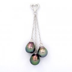 Ciondolo in Argento e 3 Perle di Tahiti Cerchiate B 8.7 a 9 mm