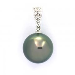 Ciondolo in Oro bianco 14K + 6 diamanti e 1 Perla de Tahiti Rotonda B 11.8 mm