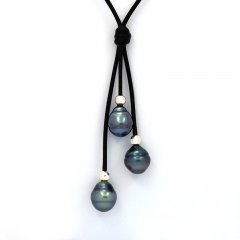 Collana in Cuoio e 3 Perle di Tahiti Cerchiate B+ 9  9.6 mm
