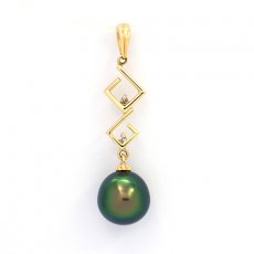 Ciondolo in Oro 14K + 2 Diamanti 0.02 carati VS1 e 1 Perla de Tahiti Semi-Barocca B+ 9.8 mm
