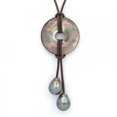 Collana in Cuoio e 2 Perle di Tahiti Cerchiate C  10 e 10.9 mm