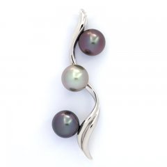 Ciondolo in Argento e 3 Perle di Tahiti Rotonde B/C 9.7 a 9.8 mm