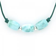 Collana in Cuoio e 3 Larimar - 12 x 8.6 mm - 4.3 gr