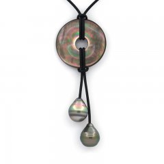 Collana in Cuoio e 2 Perle di Tahiti Cerchiate C 11.7 mm