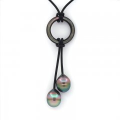 Collana in Cuoio e 2 Perle di Tahiti Cerchiate C+ 10.3 mm