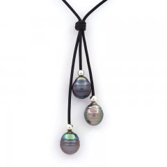 Collana in Cuoio e 3 Perle di Tahiti Cerchiate C 10.7 a 10.8 mm