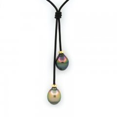 Collana in Cuoio e 2 Perle di Tahiti Cerchiate B 10.8 mm