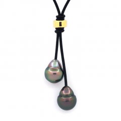 Collana in Cuoio e 2 Perle di Tahiti Cerchiate B 11.5 mm