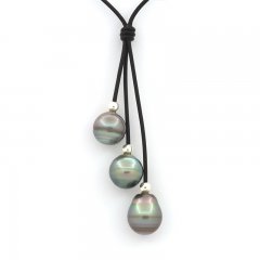 Collana in Cuoio e 3 Perle di Tahiti Cerchiate B/C da 12 a 11.5 mm