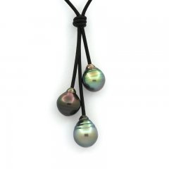 Collana in Cuoio e 3 Perle di Tahiti Cerchiate B 10.1 a 10.7 mm