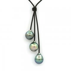 Collana in Cuoio e 3 Perle di Tahiti Cerchiate B/C 11.3 a 11.8 mm