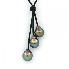 Collana in Cuoio e 3 Perle di Tahiti Cerchiate B 10 a 10.5 mm