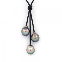 Collana in Cuoio e 3 Perle di Tahiti Cerchiate B/C 10.2 a 10.6 mm