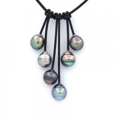 Collana in Cuoio e 6 Perle di Tahiti Cerchiate B/C 10 a 10.5 mm