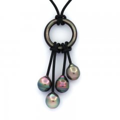 Collana in Cuoio e 4 Perle di Tahiti Cerchiate B/C 8.4 a 8.9 mm