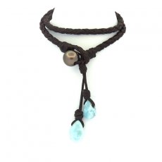 Braccialetto in Cuoio, 2 Larimar e 1 Perla di Tahiti Rotonda C 9.7 mm