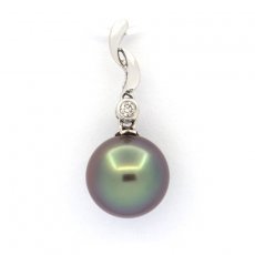 Ciondolo in Oro bianco 14K + 1 diamante e 1 Perla de Tahiti Rotonda A 9.2 mm