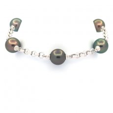 Braccialetto in Argento e 5 Perle di Tahiti Rotonde B 9.6 a 9.9 mm