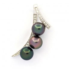 Ciondolo in Argento e 3 Perle di Tahiti Rotonde C 8.1 a 8.2 mm