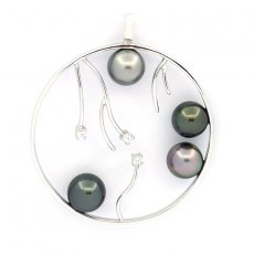 Ciondolo in Argento e 4 Perle di Tahiti Rotonde C 8 a 8.4 mm