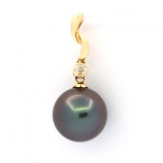 Ciondolo in Gold 14k + 1 diamante e 1 Perla de Tahiti Rotonda A 9.3 mm