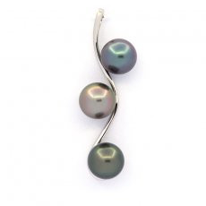 Ciondolo in Argento e 3 Perle di Tahiti Rotonde C 8.7 a 8.8 mm