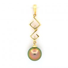 Ciondolo in Oro 14K + 2 Diamanti e 1 Perla de Tahiti Rotonda B+ 9.2 mm